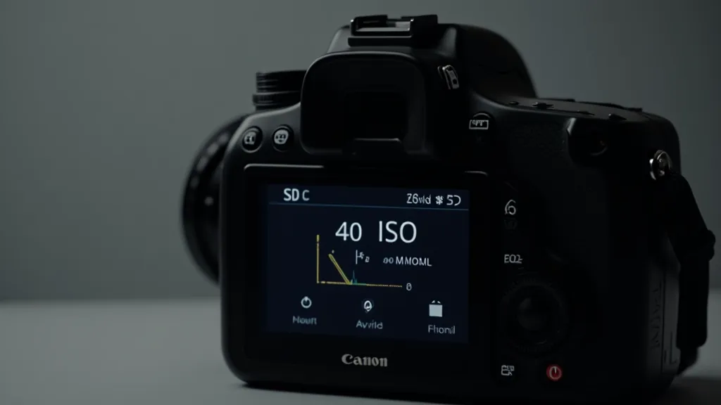 Camera display screen showing ISO settings and histogram, close-up of camera back LCD screen, technical view of camera menus, studio lighting, sharp detail on numbers