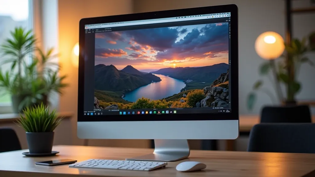 Photography portfolio displayed on desktop monitor showing edited landscape images with color correction applied