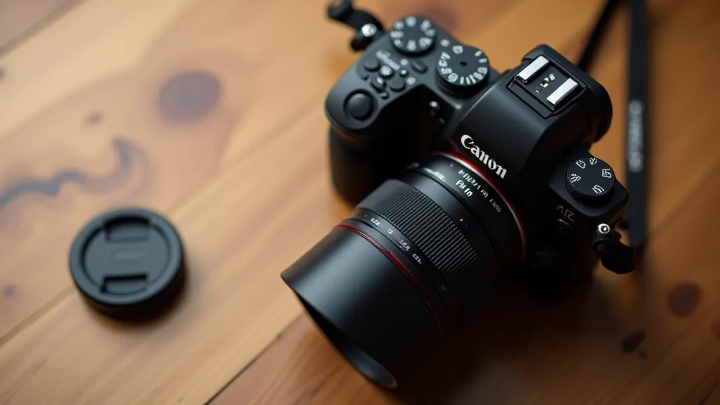 DSLR camera on wooden table with lens cap off, professional studio lighting, overhead shot showing camera buttons and controls, sharp focus on aperture dial