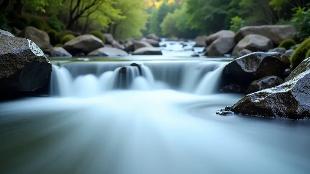 Fast-moving water or flowing stream in daylight, motion blur effect captured, natural landscape setting, flowing water with smooth silky appearance, outdoor environment, sharp focus on rocks