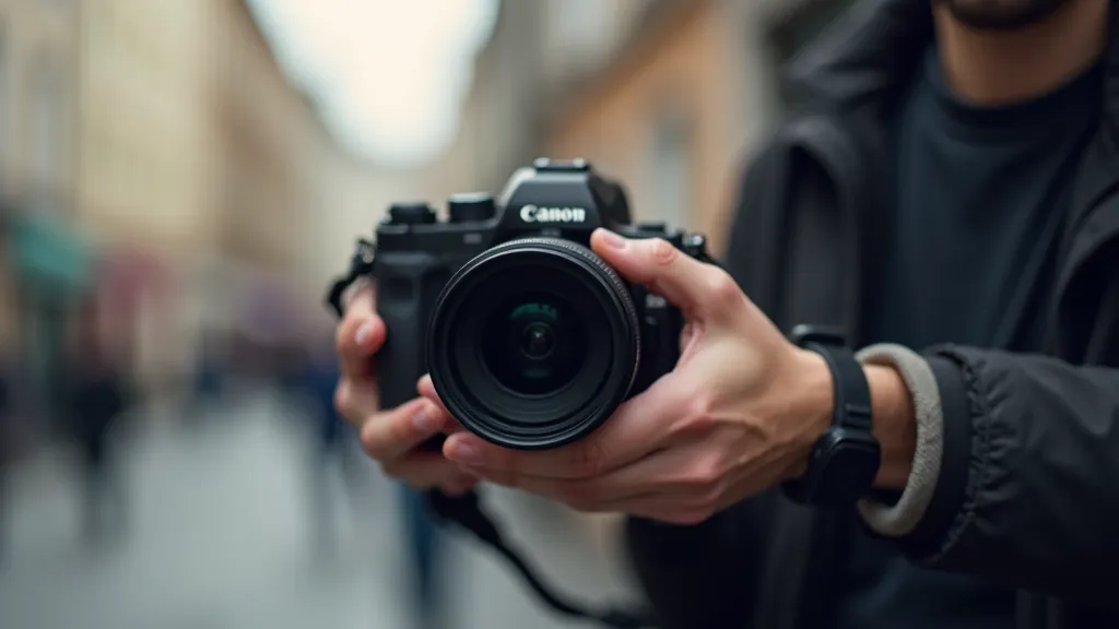 Photographer adjusting camera settings outdoors in daylight, hands on camera controls, urban street background, portrait style, natural lighting, sharp focus