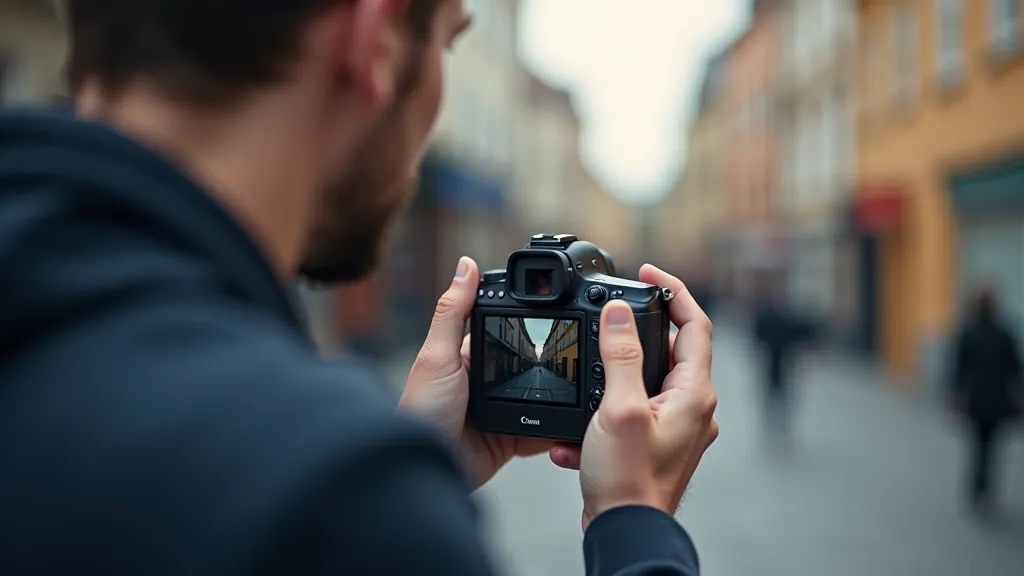 Photographer reviewing images on camera screen outdoors, person holding camera in daylight, checking LCD display, urban setting, portrait from chest up, natural lighting, sharp focus